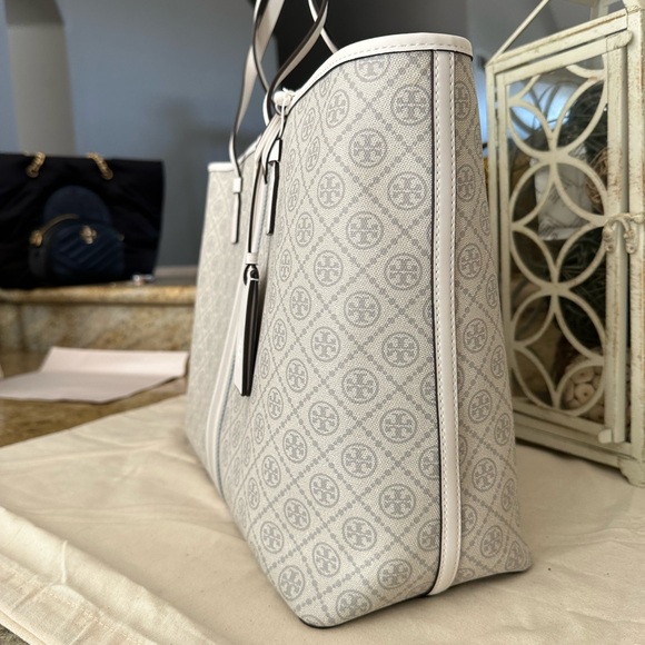 New💝 tory burch geo logo tote gray gro with stripe - Picture 5 of 13